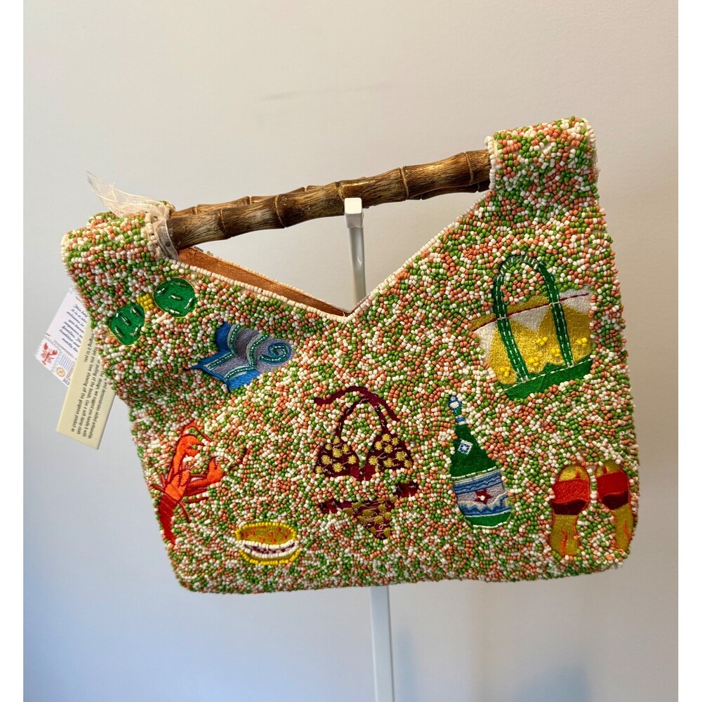 New Release Beach Themed Beaded Bag with Wooden Handles